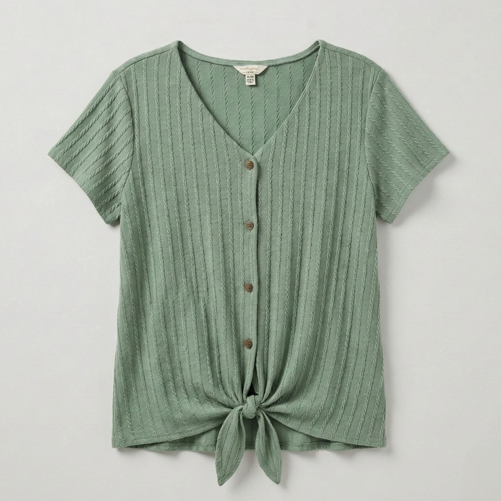 Weatherproof Vintage Sage Green Cable Knit Tie Front Top XL Button V-Neck Soft